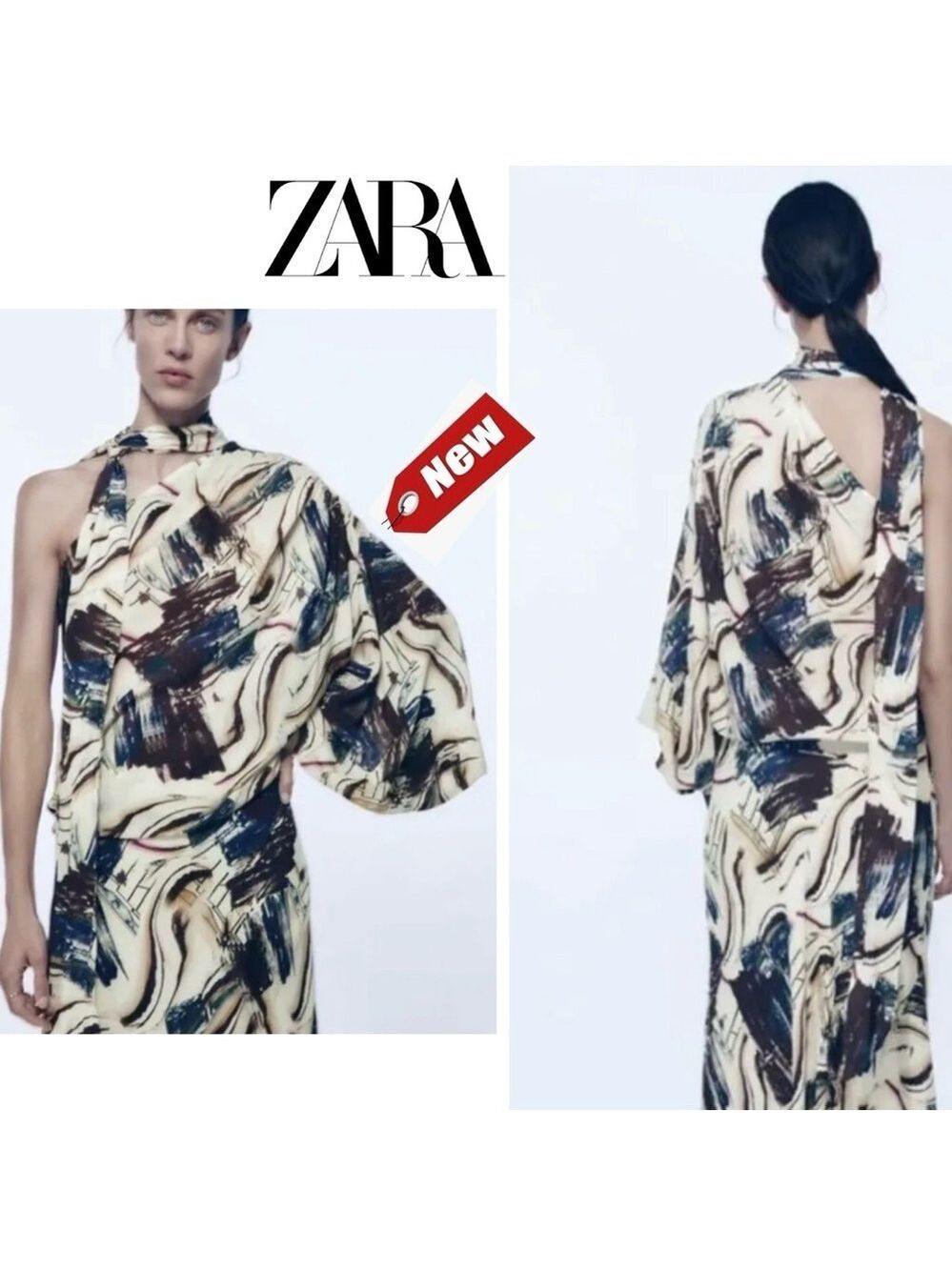 Zara limited edition abstract print asymmetrical one shoulder tie neck blouse M